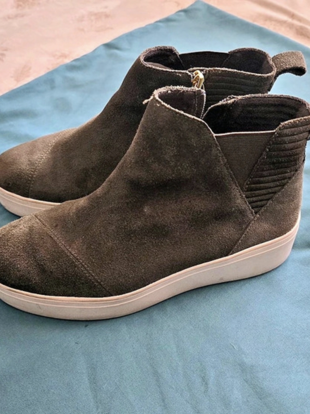Olive green suede TOMS Jamie wedge ankle boots